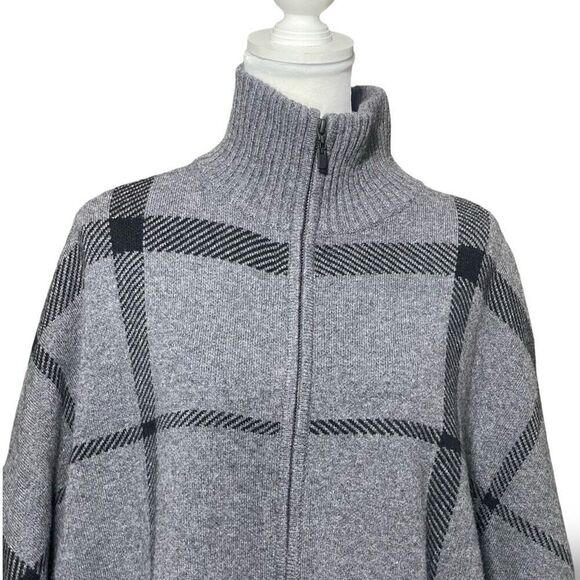 KINROSS CASHMERE Plaid Full Zip Mock Neck Poncho, Black & Gray, One Size - Picture 3 of 9
